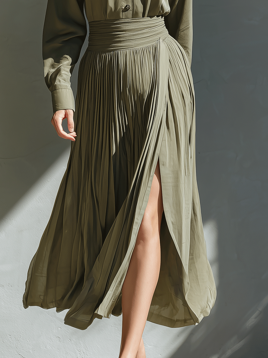 Women's Elegant Blended Shirt Collar Pleated Slit Maxi Dress MDA3142G3I