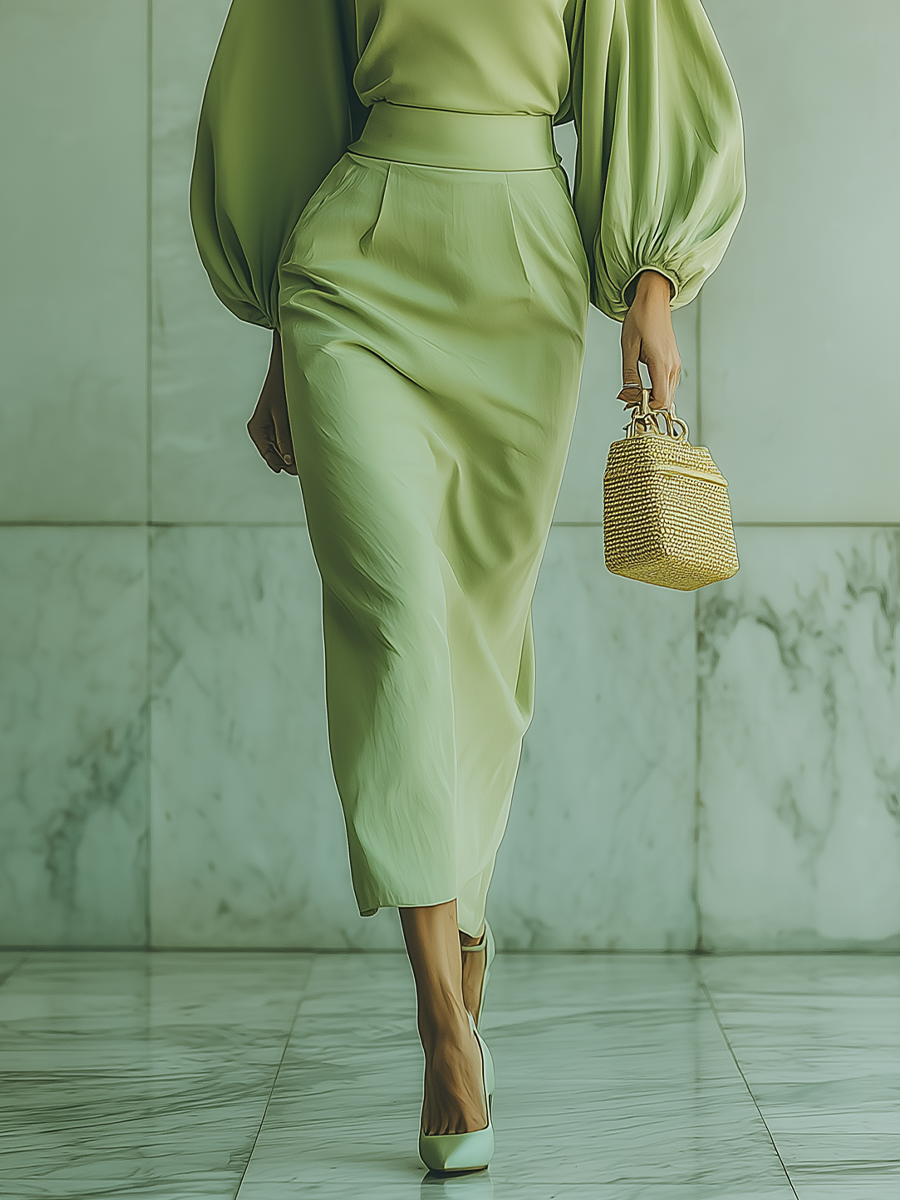Women's Light Green Satin Round-Neck Lantern-Sleeved Top And High-Waisted Skirt Set MDA1026I6T