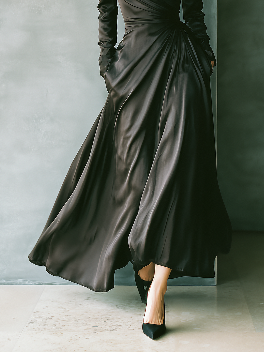 Women's Black Satin Stand-up Collar Fitted Waist Full Skirt Dress MDA2940K2T