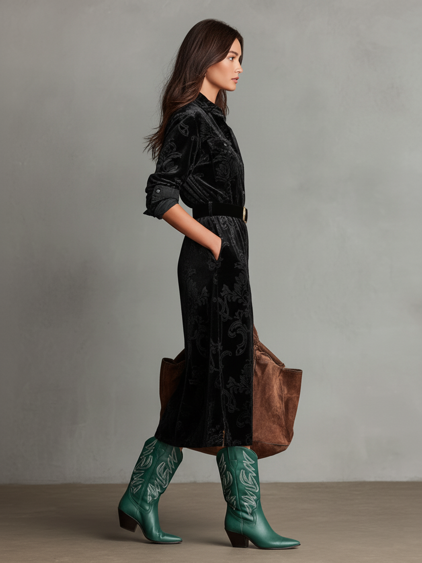 Women's Velvet Jacquard Long Sleeve Belted Shirt Midi Dress MDA2983I1Y