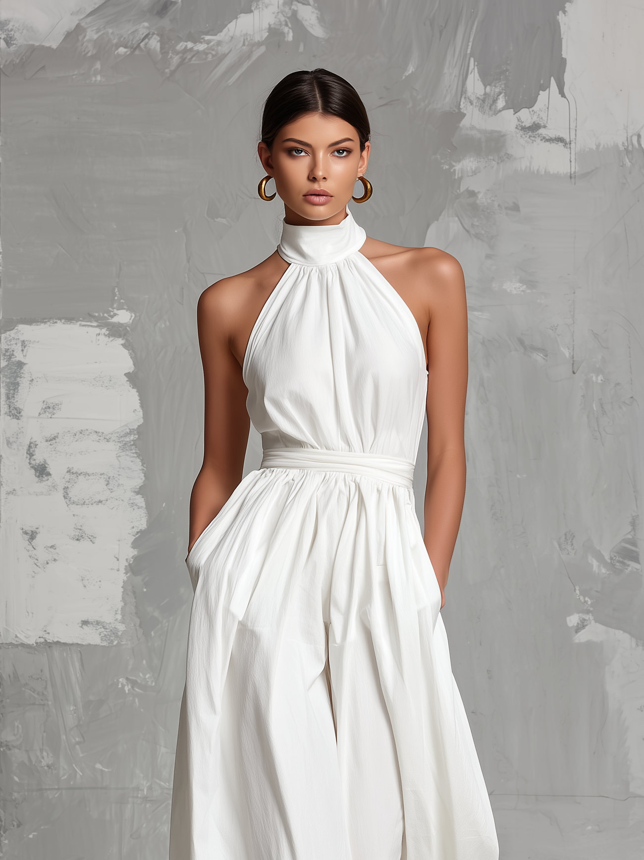 Women's Elegant White Woven Sleeveless Halter-neck Jumpsuit MDZ0554A3AN