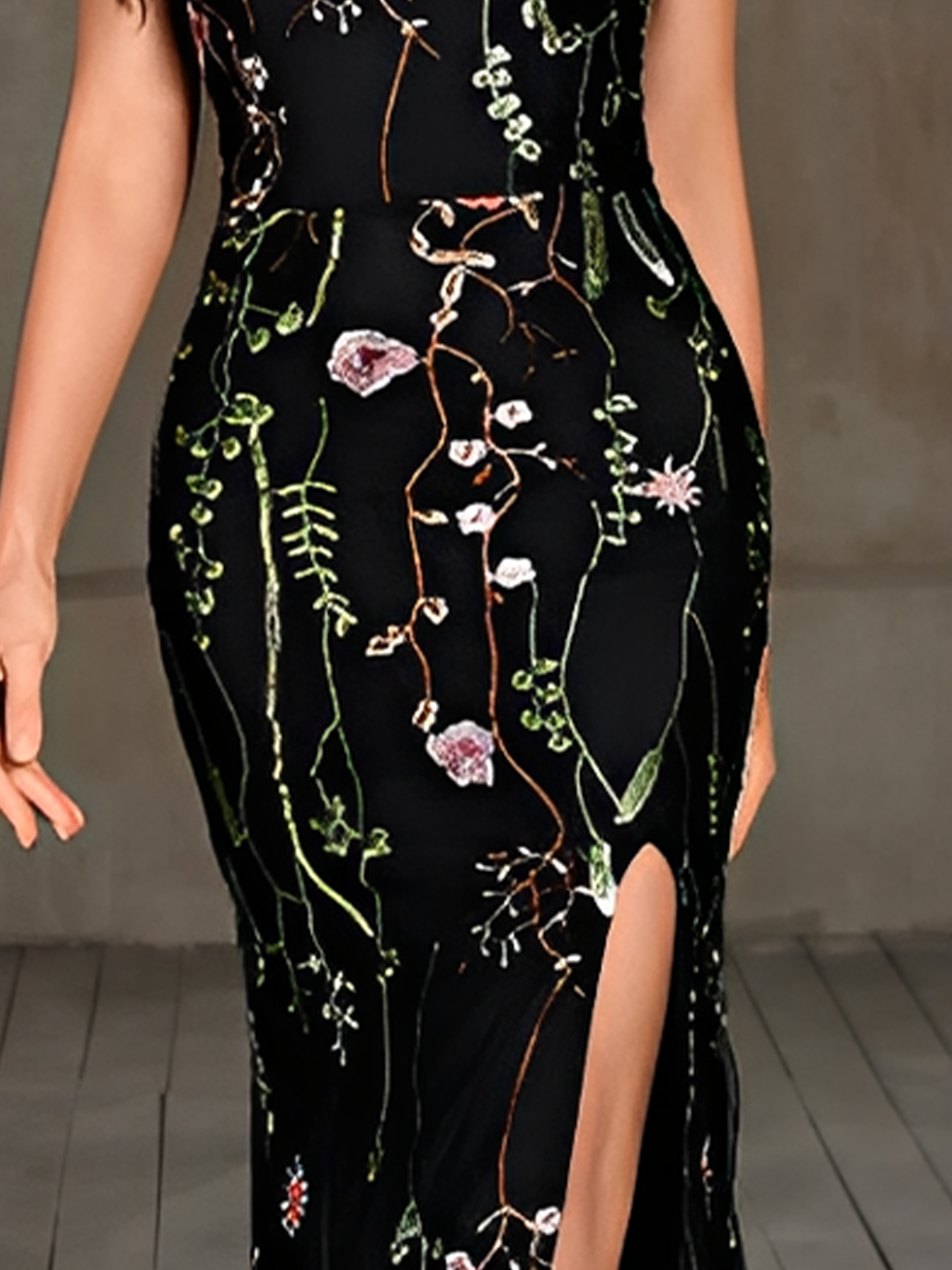 Women's Black Printed High-Slit Sleeveless Maxi Dress MDA0233H7T