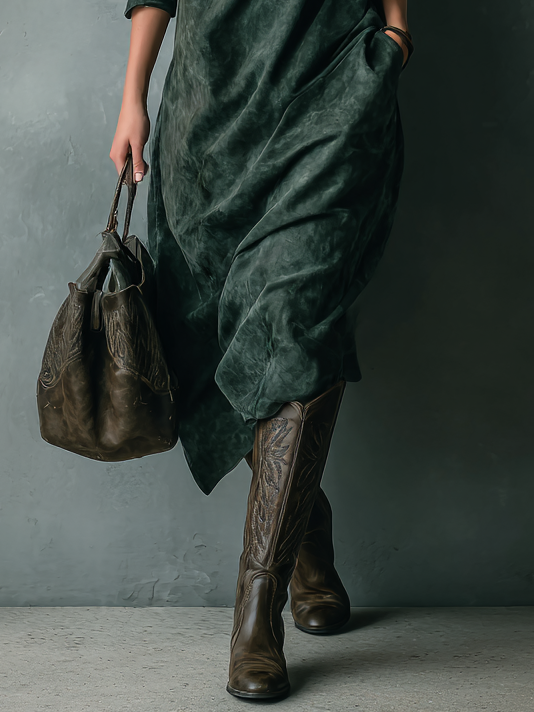 Women's Loose Suede Lapel Long Sleeve Midi Dress MDA1530H1Y