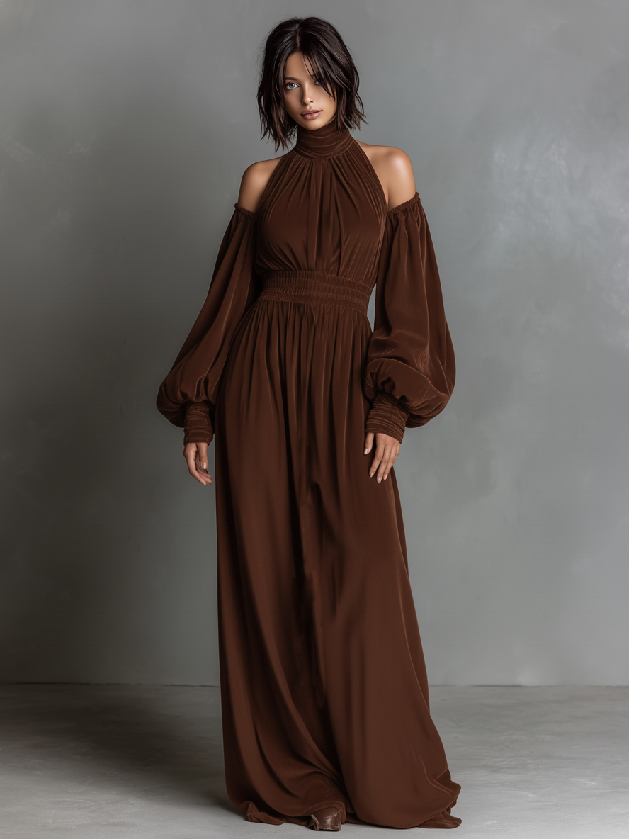 Women's Velvet High-Neck Off-Shoulder Long-Sleeved Elastic Waist Wide-Leg Jumpsuit MDA0632K0Y