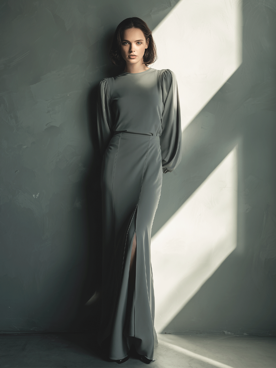 Women's Gray Slit Simple High-End Blended Maxi Dress MDA0279H5I