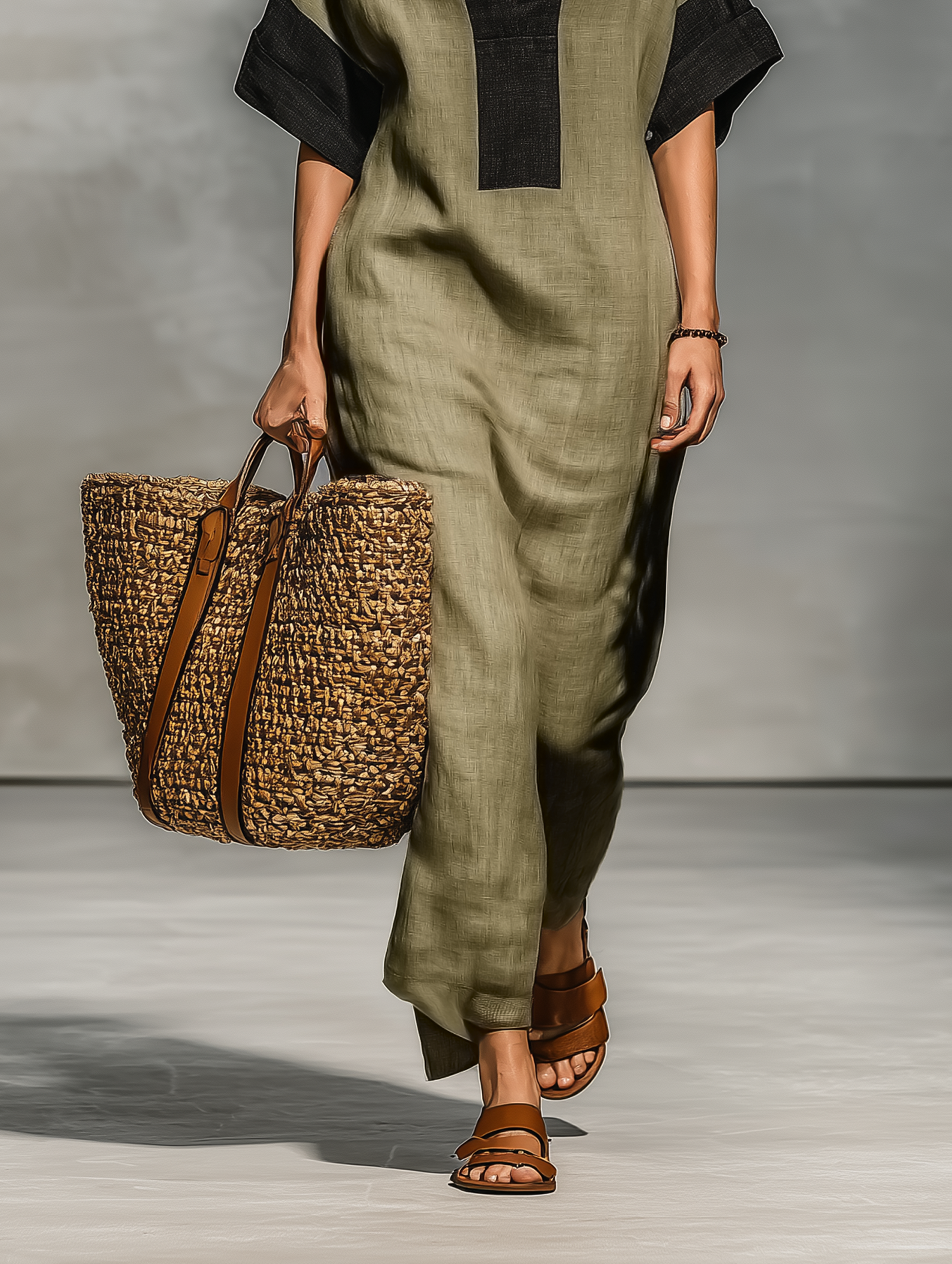 Women's Minimalist Linen Blend Color-blocked Short-sleeved Maxi Dress MDZ0917A4Y