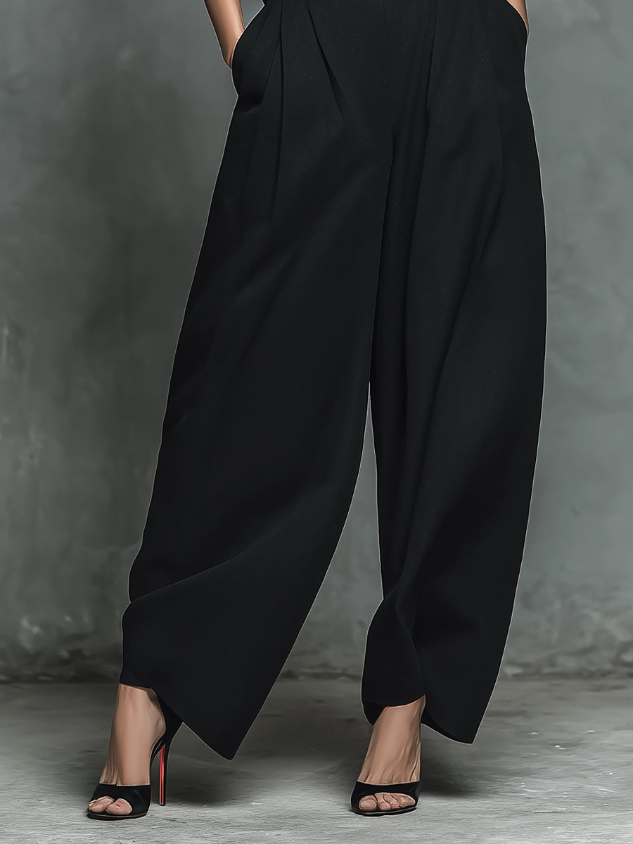 Women's Black Knit & Tailored Fabric Minimalist Turtleneck Wide-Leg Pant Set MDA1700K3I