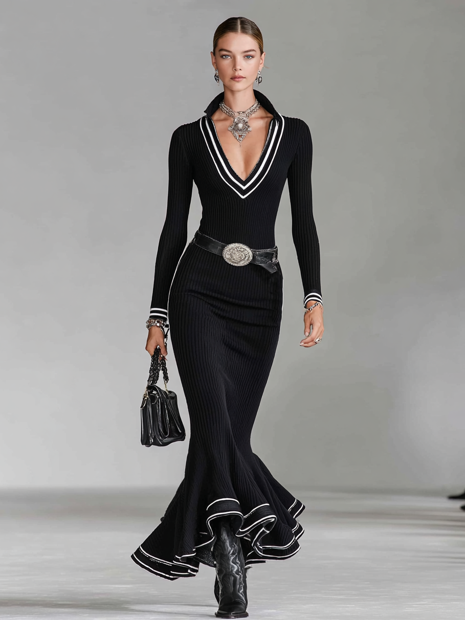 Women's Knitted Lapel V-neck Long-sleeved Slim-fit Hip-wrapped Fishtail Maxi Dress(without Belt) MDA0409H5Y