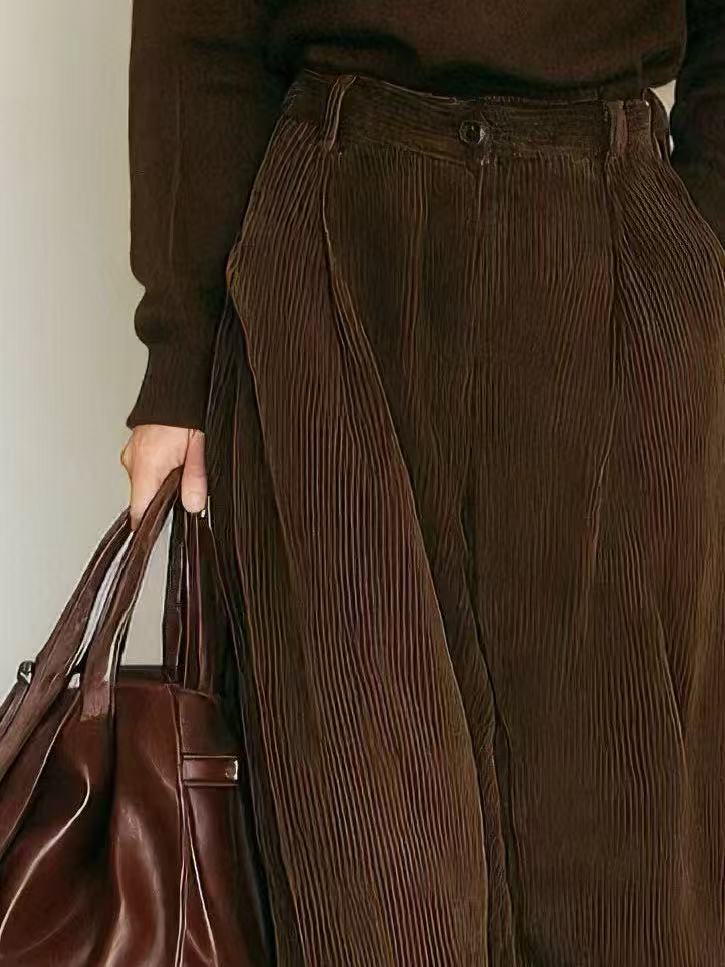 Women's Elegant And Simple Brown Turtleneck Knit Top Paired With Brown Corduroy Straight-leg Trousers MDA0632K3AN
