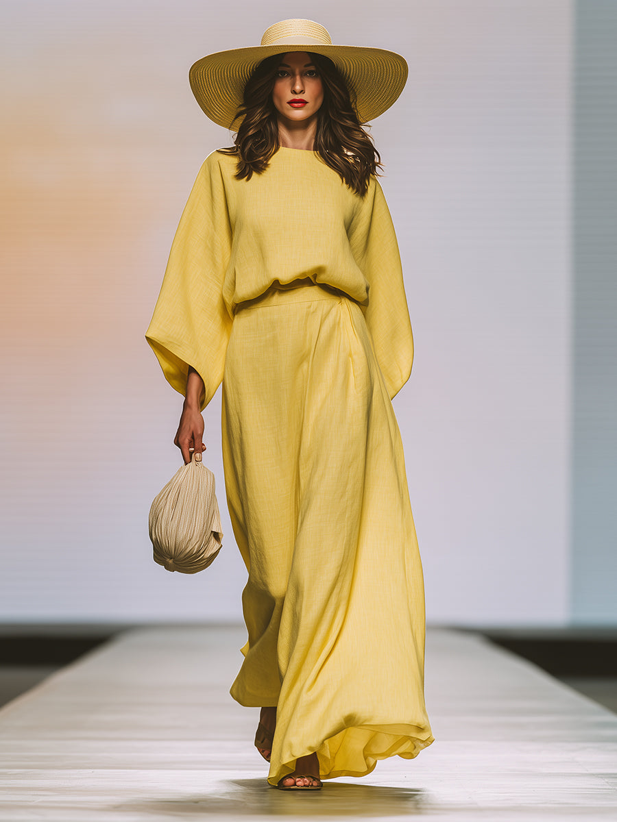 Women's Mustard Linen Set With Bell Sleeves & Maxi Skirt, Timeless Coastal-Chic Style Set MDA1039L1I
