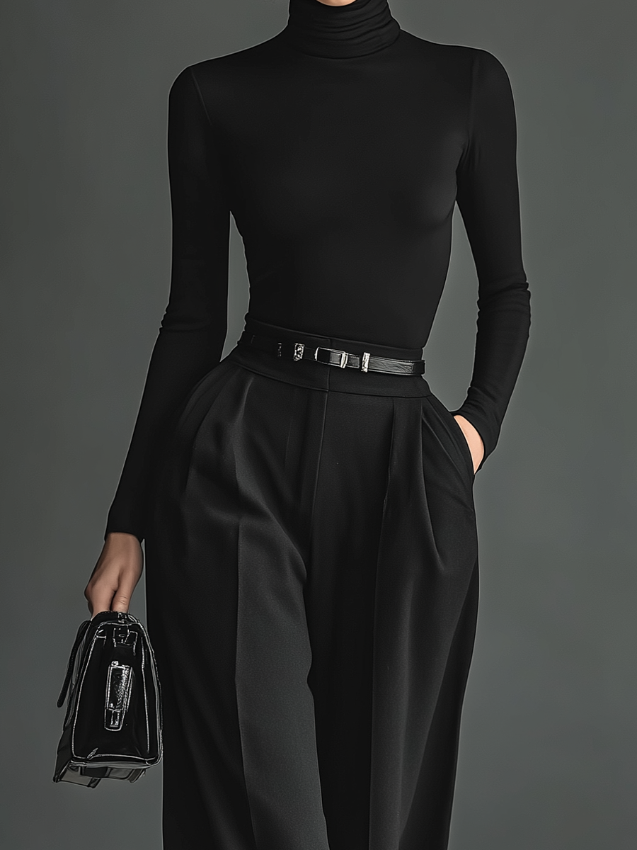 Women's Black Slim-Fit Knit Top And Wide-Leg Pants Set MDA2764H3T