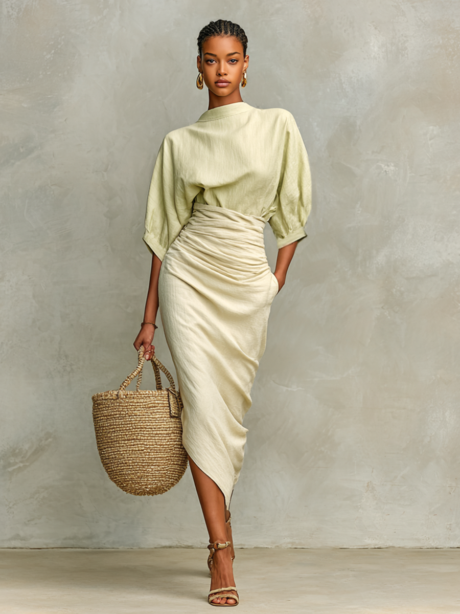 Women's Solid Color Cotton And Linen Blended Half-high Collar Mid-sleeve One-step Skirt Two-piece Set MDA1974G6Y