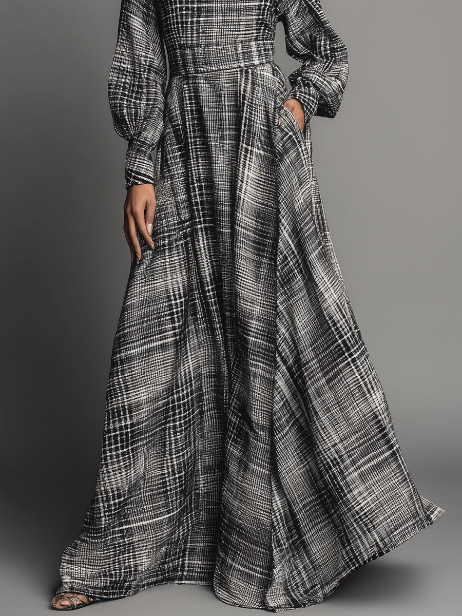Women's Black - White Classic Linen - Blend Plaid Turtleneck Maxi Dress MDA2126J7I