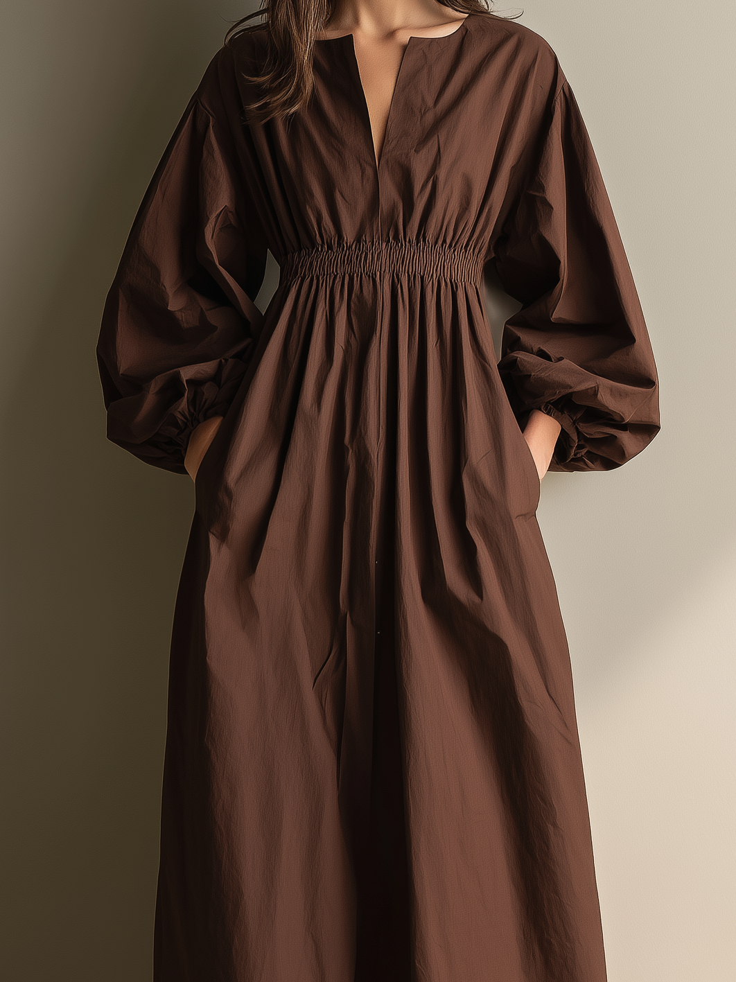 Women's Casual Brown Cotton And Linen V-neck Long-sleeved Maxi Dress With Elastic Waist MDZ1295A0AN