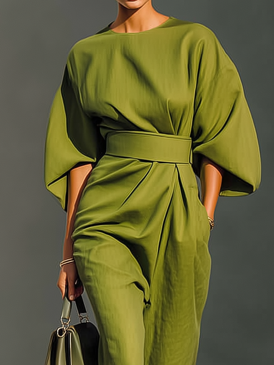 Women's Green Cotton Blend Simple And Fashionable Maxi Dress MDA0622H3T