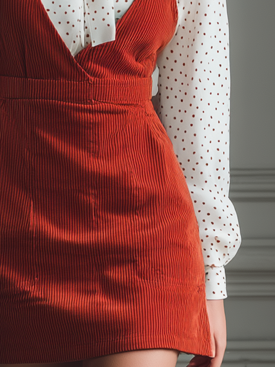 Women's Red Corduroy V-neck Suspender Dress And Red Polka Dot Shirt Set MDA0508K1T