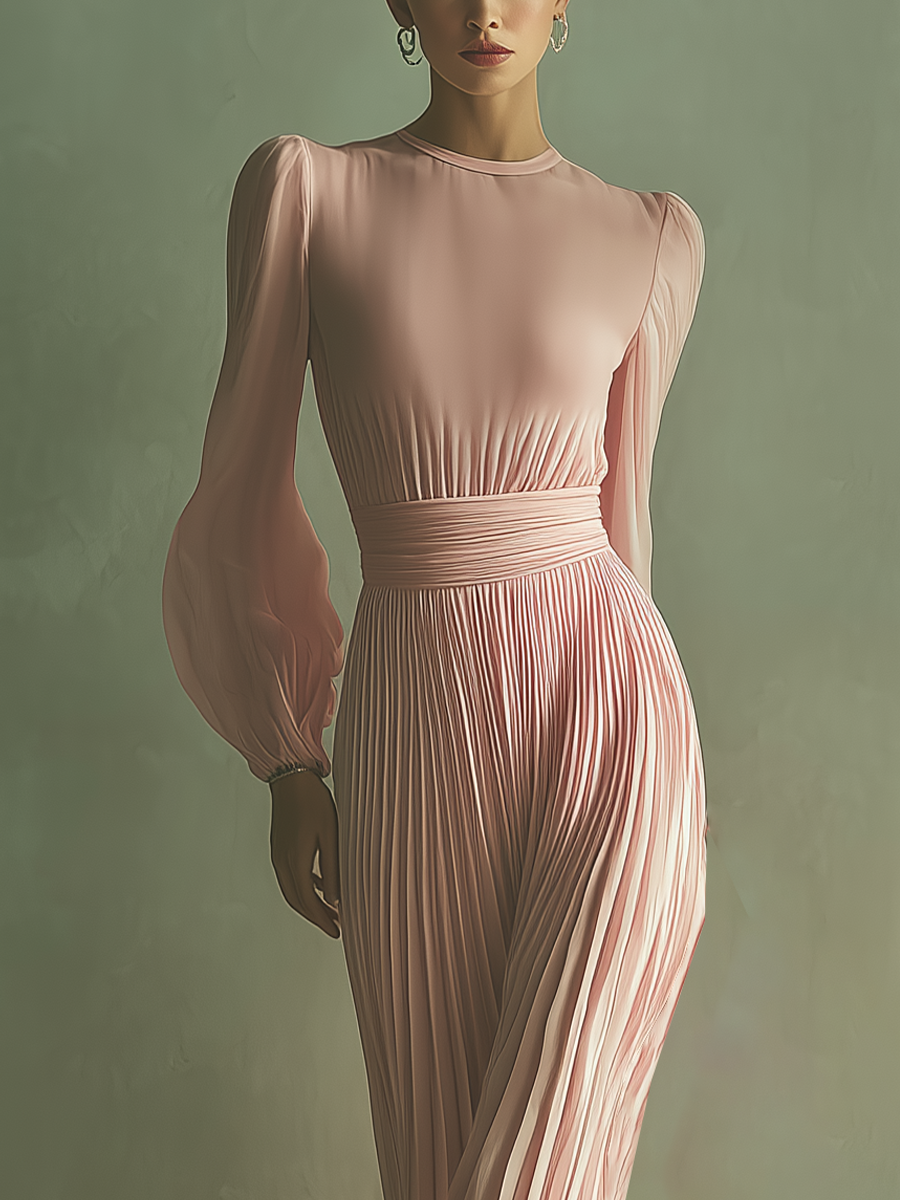 Women's Light Pink Chiffon Fabric Puff-Sleeve Pleated Maxi Dress MDA2253L2T