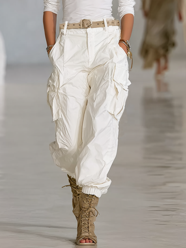 Women's All-white Long-sleeved Polo Shirt And Overalls Two-piece Set (belt Not Included)MDA3133G4Y
