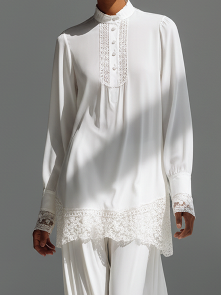 Women's White Satin Lace-Trimmed Top And Wide-Leg Pants Set MDA1752L3AP