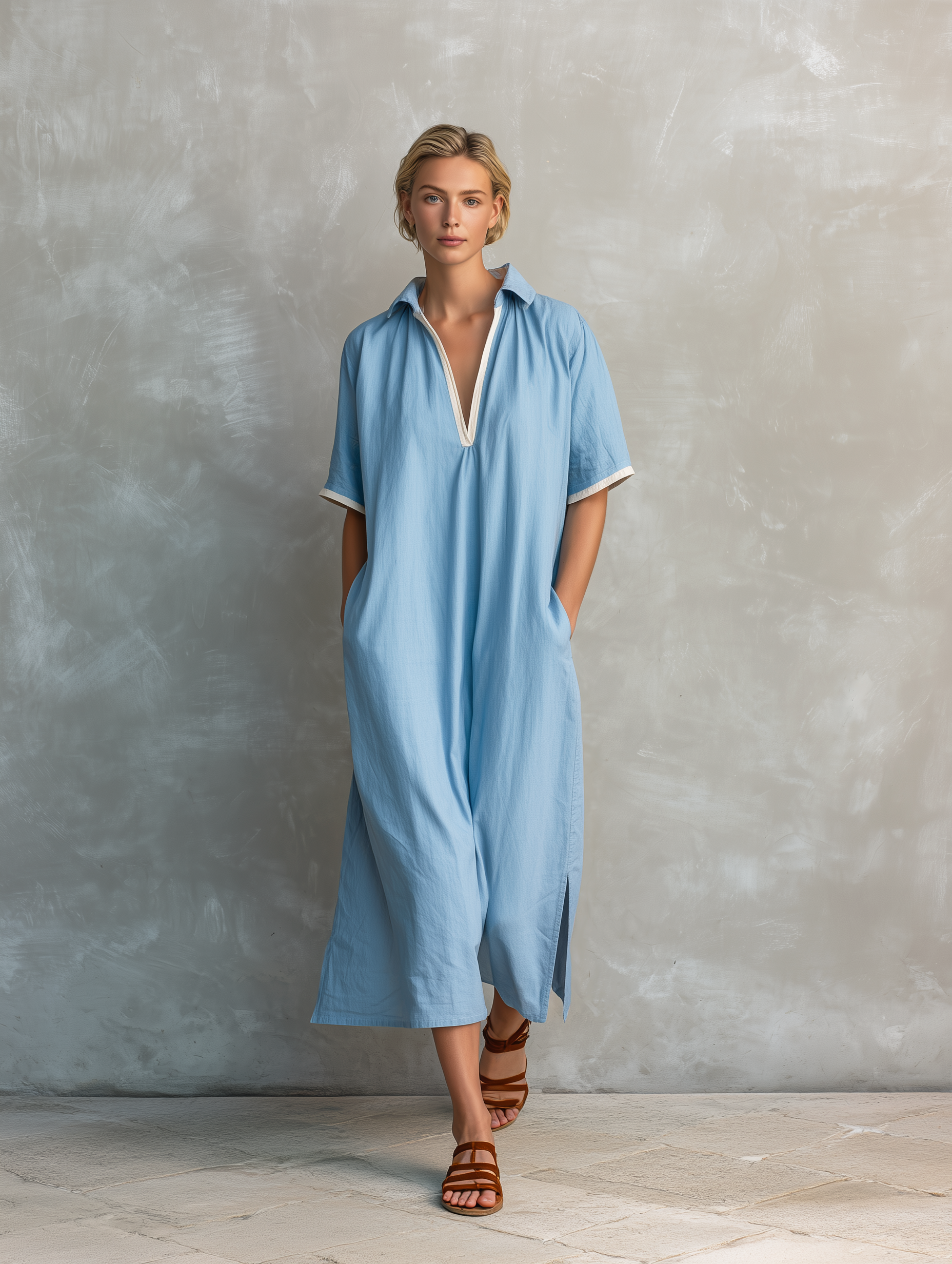 Women's Casual Light Blue Cotton Linen Shirt Collar Loose Short-sleeved Long Dress MDZ2623B5AN