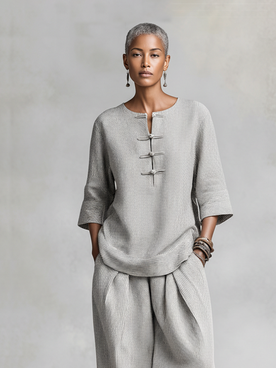 Women's Grey Striped Set With Frog Button Blouse & Wide-Leg Pants, Timeless Ethnic-Minimalist Style Set MDZ0378C9I