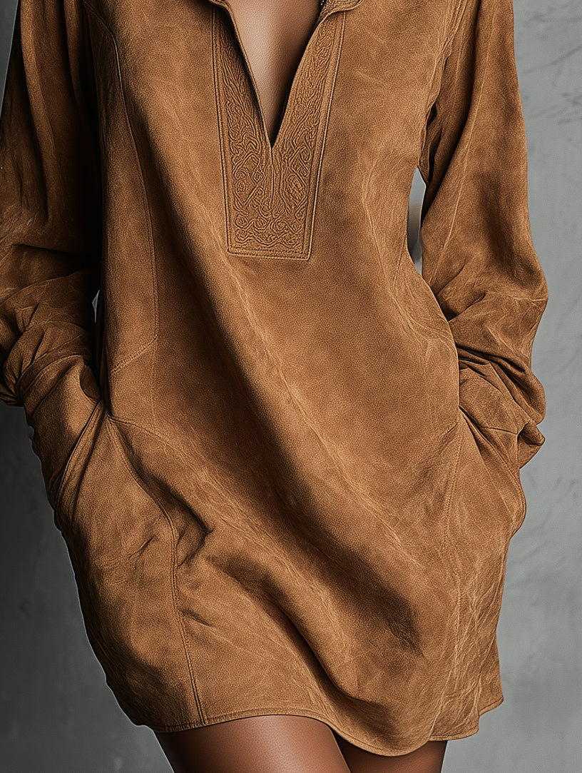 V-neck Suede Embossed Long-sleeved Casual Dress MDA0483K5AN