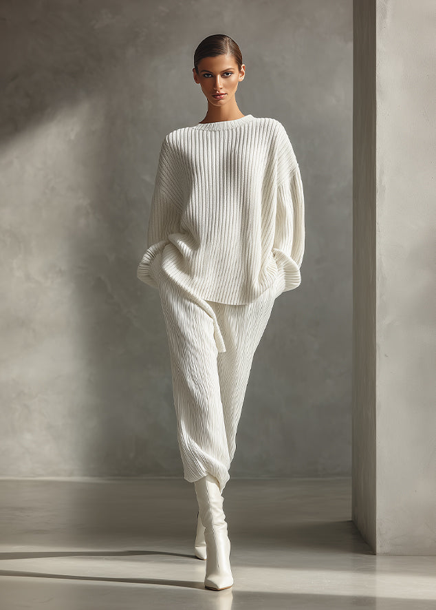Women's White Minimalist Rib - Knit Oversized Sweater & Pants Set MDA1302H4I