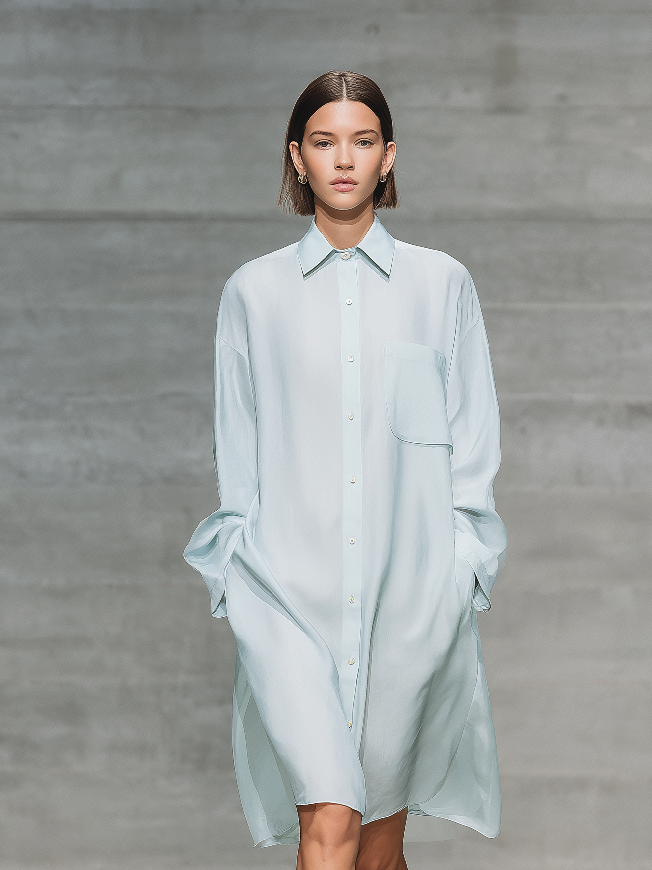 Women's Elegant Light Blue Chiffon Loose-fitting Long-sleeved Shirt Dress With Lining MDA3082L9AN