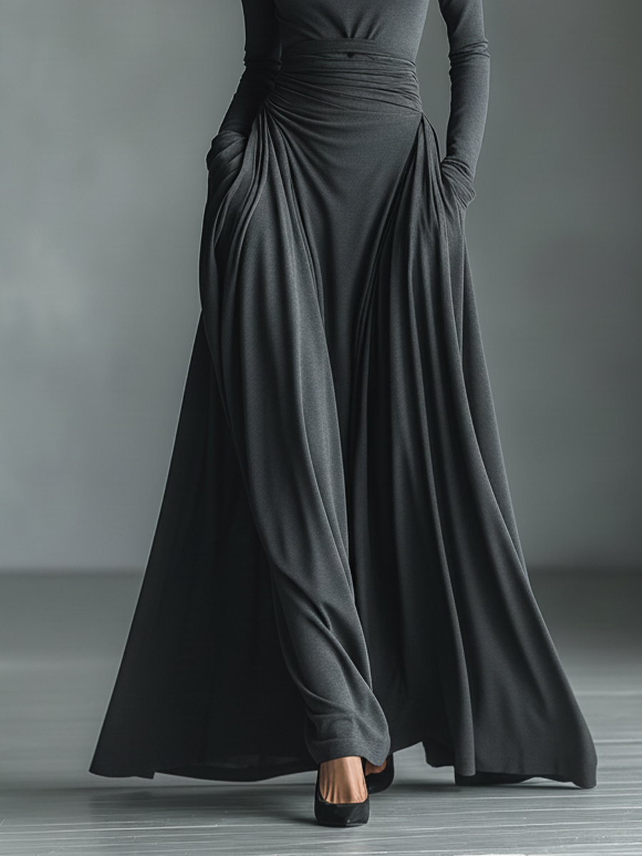 Women's Charcoal Knit Fabric Hooded Ruched-Waist Maxi Dress MDA2249L0T