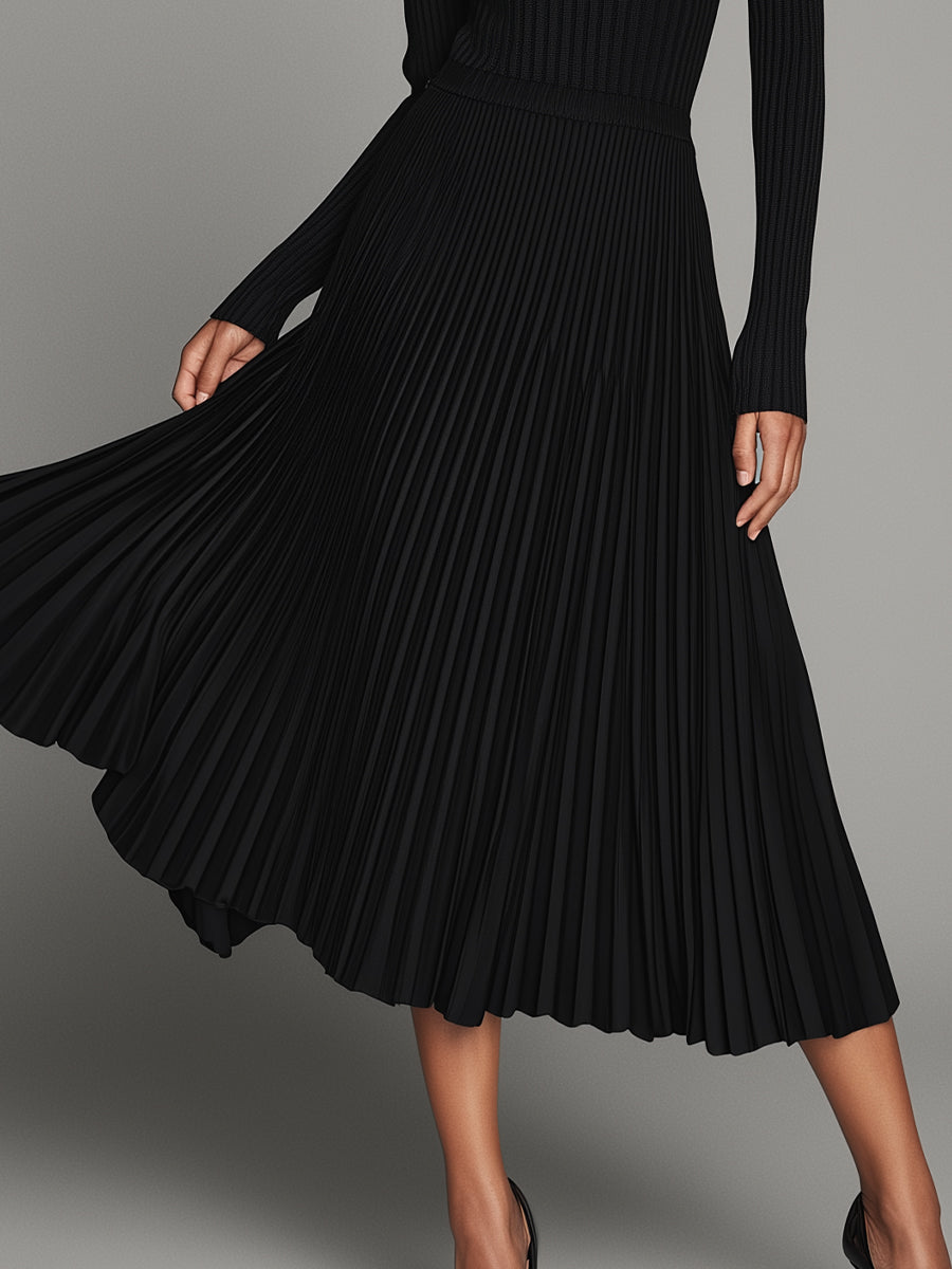 Women's Black Ribbed Knit Midi Dress Timeless Elegant Style MDA1630L4I