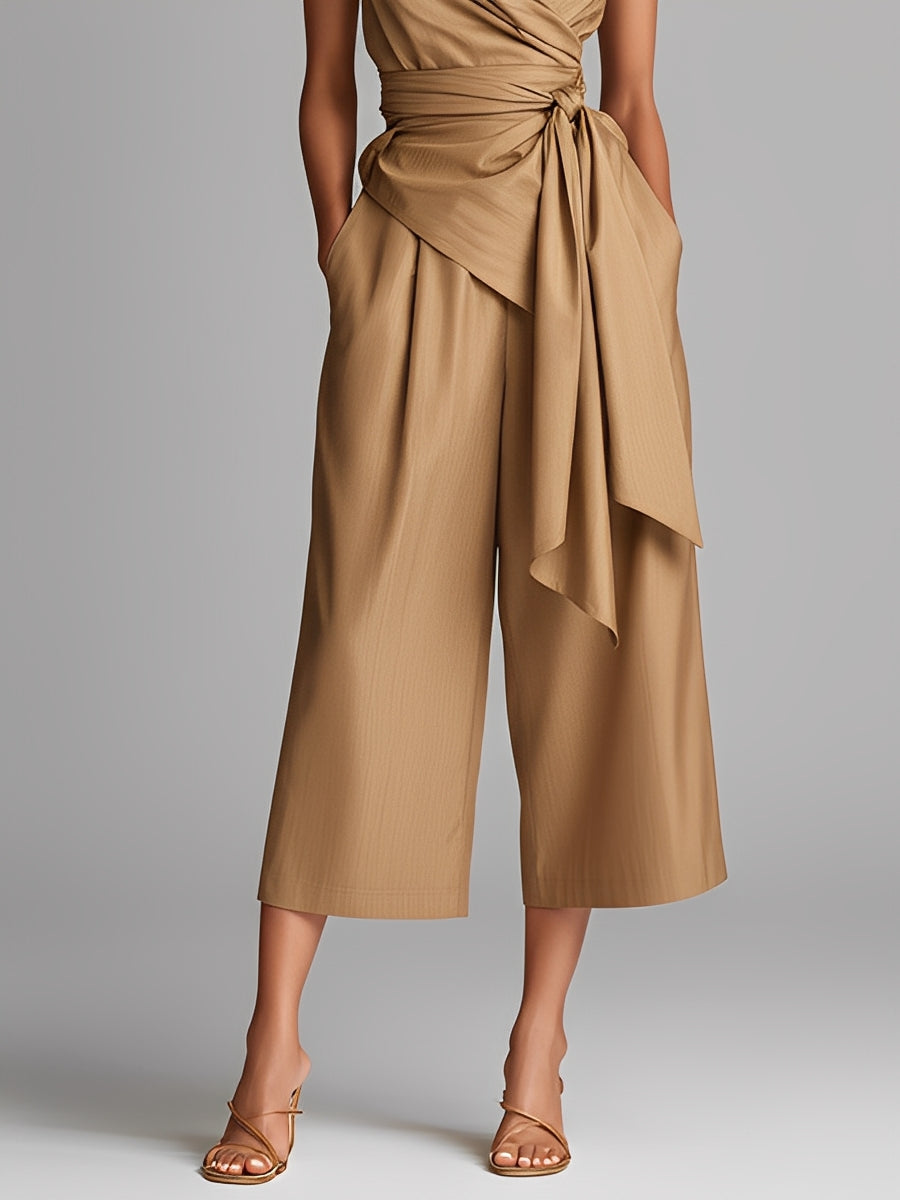 Women's Tan Textured Jumpsuit With Draped Detail & Cropped Wide-Leg Pants, Modern Bold-Chic Style Jumpsuit MDZ0788A5I