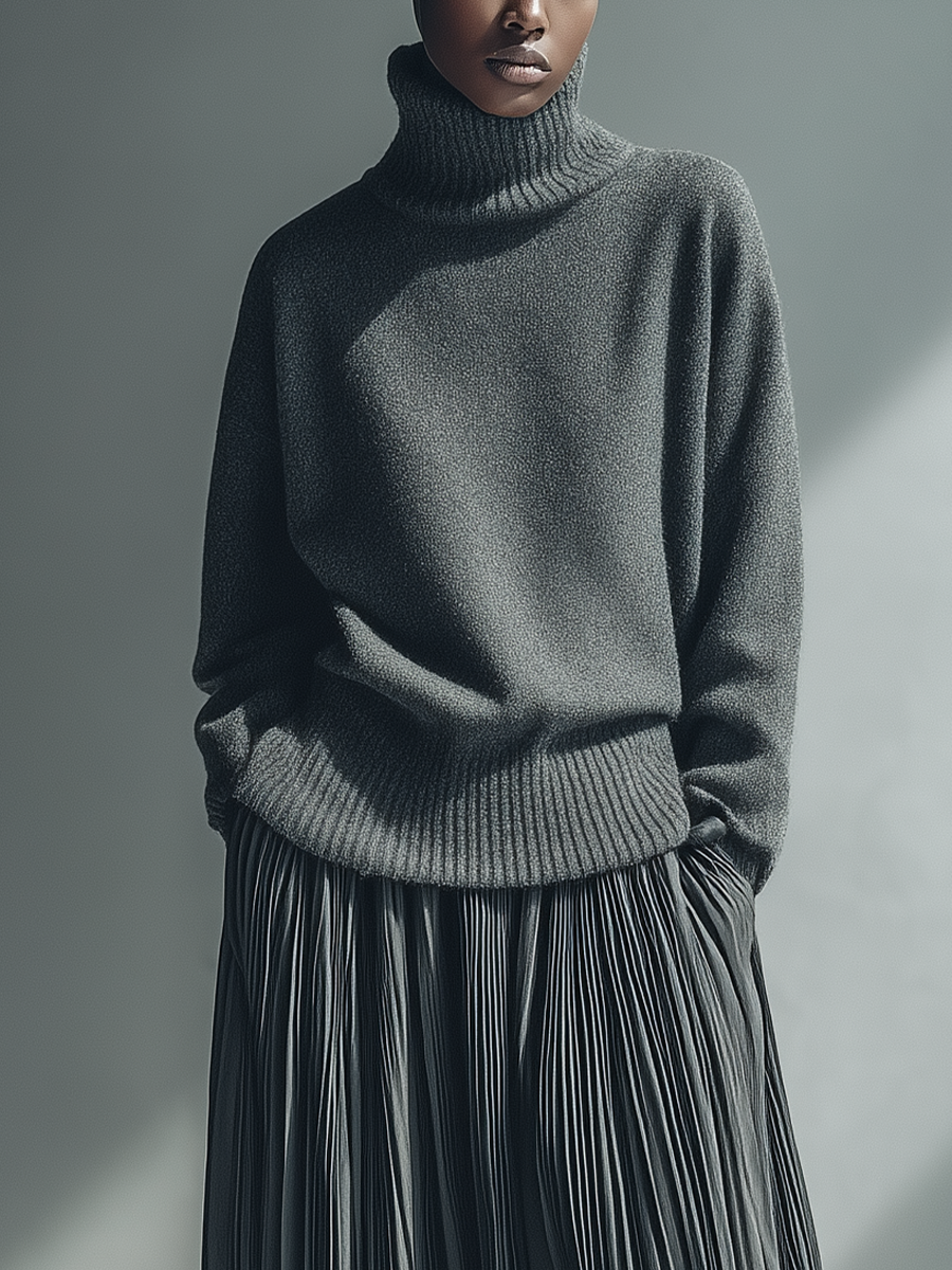 Women's Dark Gray Knitted Turtleneck Casual Top And Skirt Set MDA0464K7T