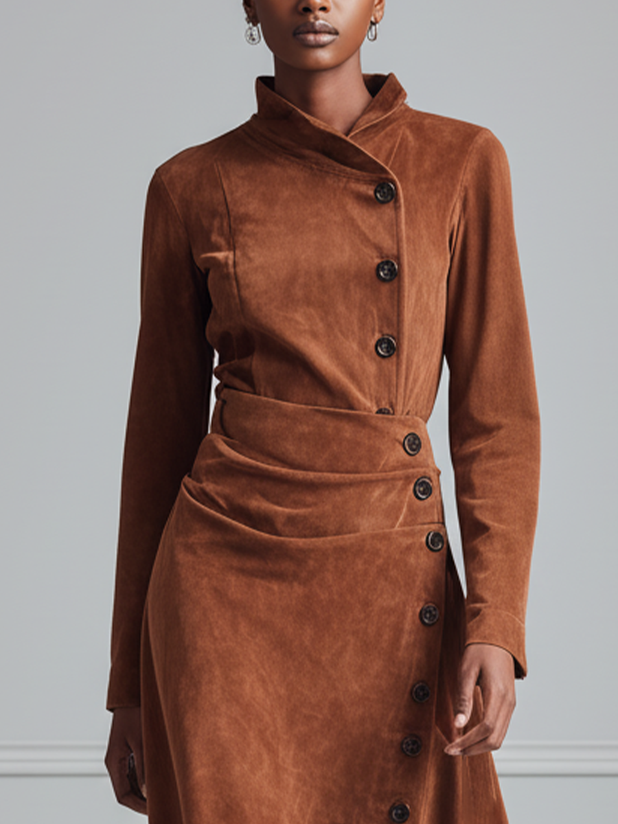 Women's Tan Faux Suede Asymmetrical Top And Wrap Midi Skirt Set MDA1112L5T