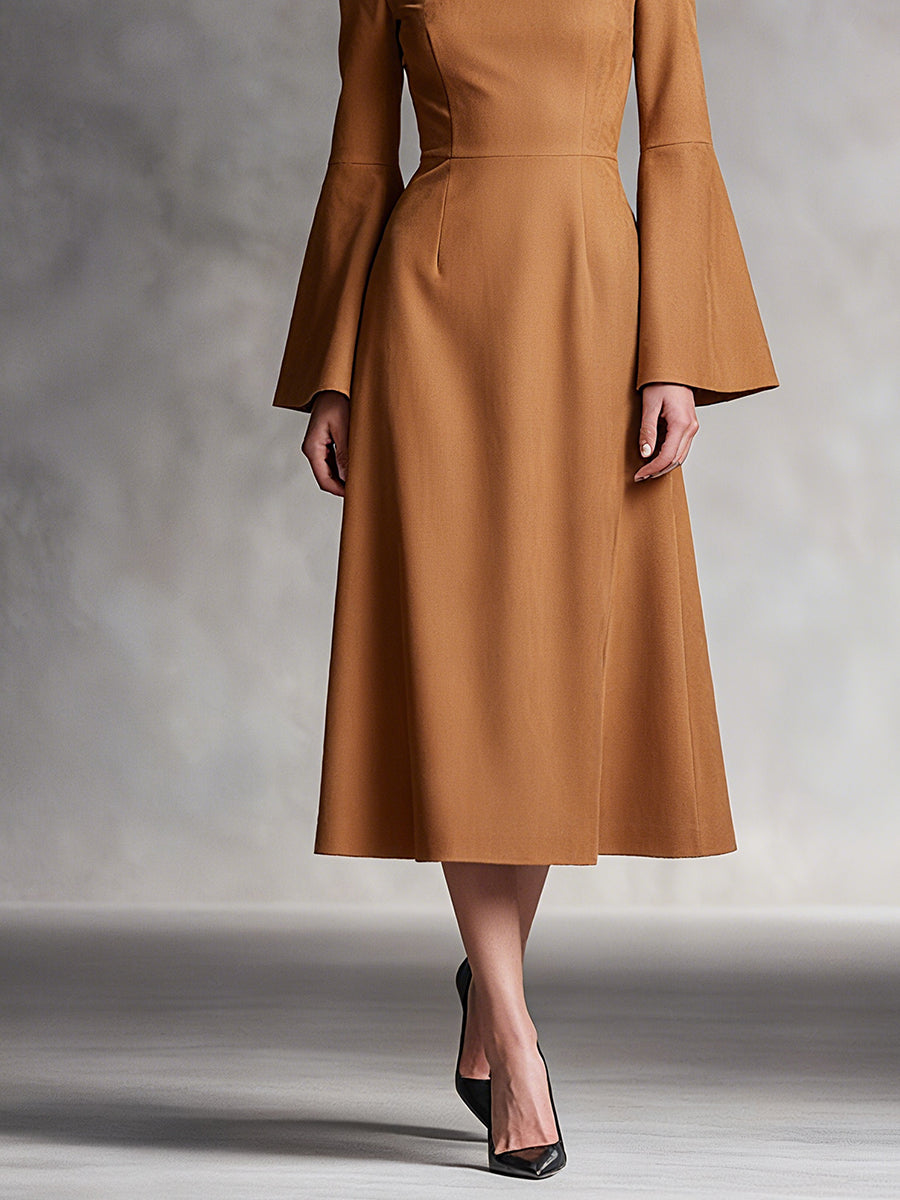 Women's Camel Elegant Faux Suede Square - Neck Bell - Sleeve Midi Dress MDA1583I0I