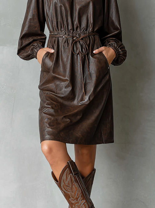 Women's Distressed Leather Crew Neck Drawstring Midi Dress MDA1295H1Y