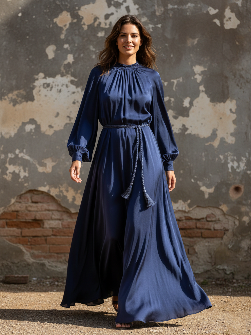 Women's Satin Round Neck Long Sleeve Belt Maxi Dress MDA0816K5Y