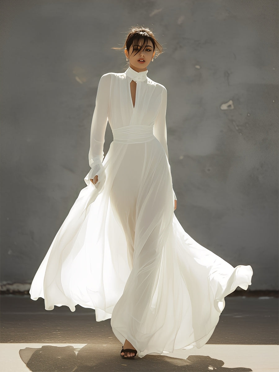 Women's Ivory Chiffon Dress With High Neck Cutout & Belted Waist, Timeless Elegant Style Dress MDA1149L3I