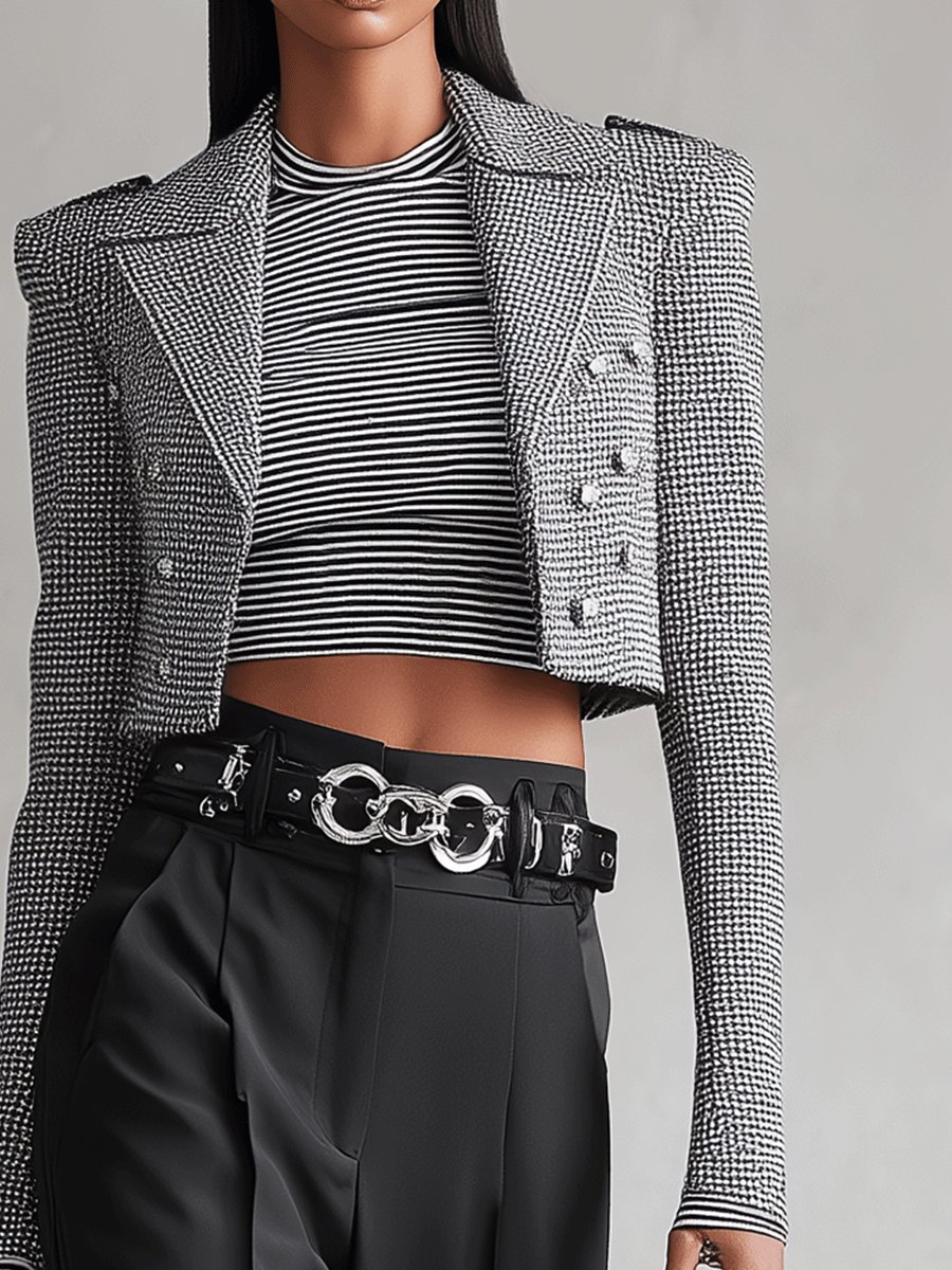 Women's Black - White Sophisticated Tweed Shoulder - Padded Cropped Blazer MDA0919I1I