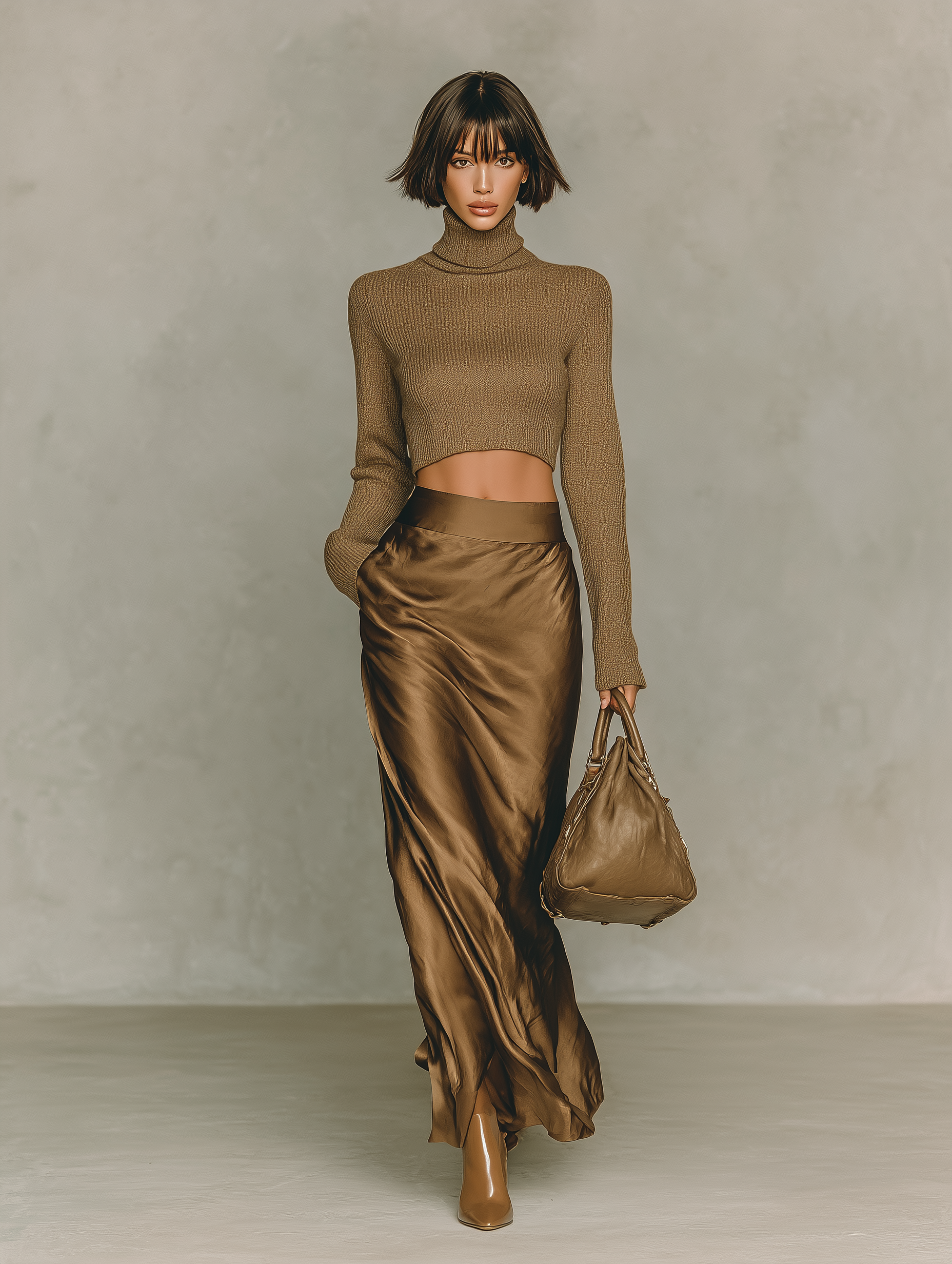 Women's Fashionable Gold-brown Turtleneck Long-sleeved Knit Top Paired With A Satin Midi Skirt MDA0982L5AN