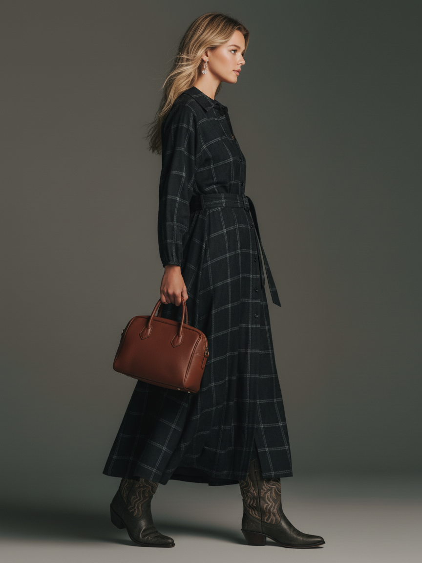 Women's Loose Faux Suede Plaid Long Sleeve Lapel Belted Midi Dress MDA2696I2Y