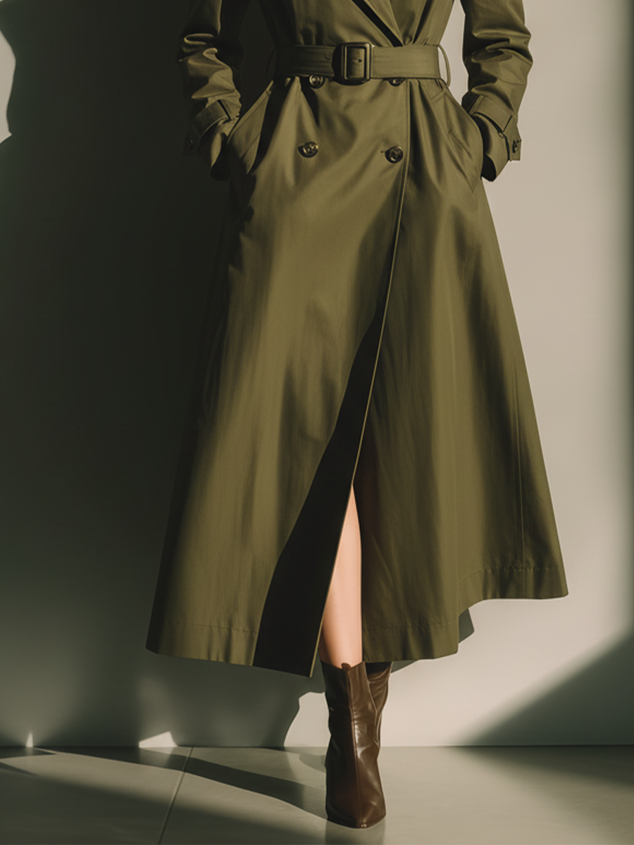 Women's Military Green Cotton Blend Double-breasted Belted Trench Coat MDA0173L8T