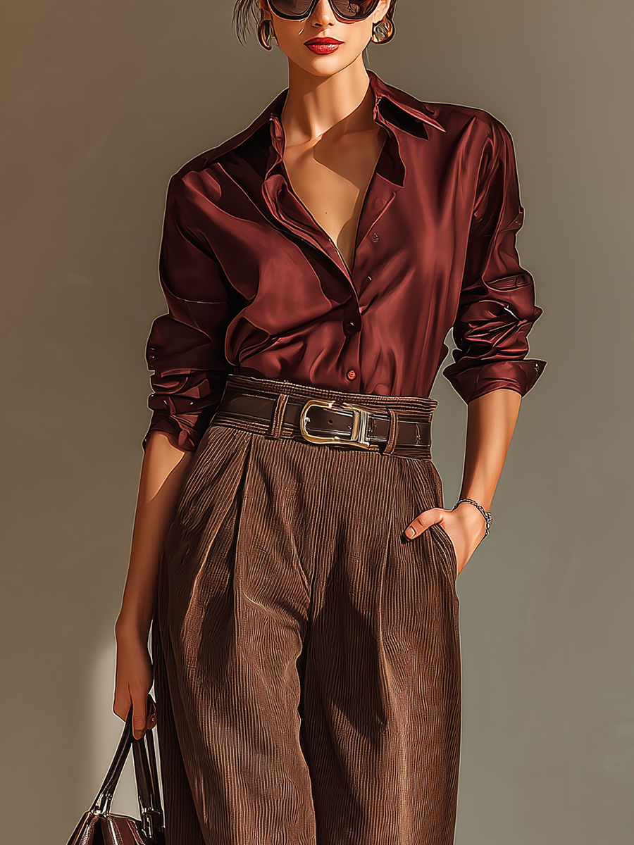Women's Burgundy Satin Collared Long-sleeved Shirt And Corduroy Wide-leg Trousers Set MDA0477K6T
