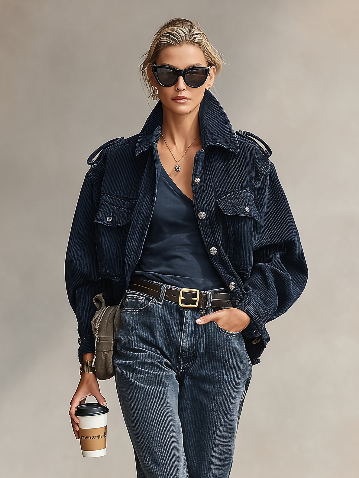 Women's Loose Corduroy Single-Breasted Epaulette Jacket MDA2877I7Y