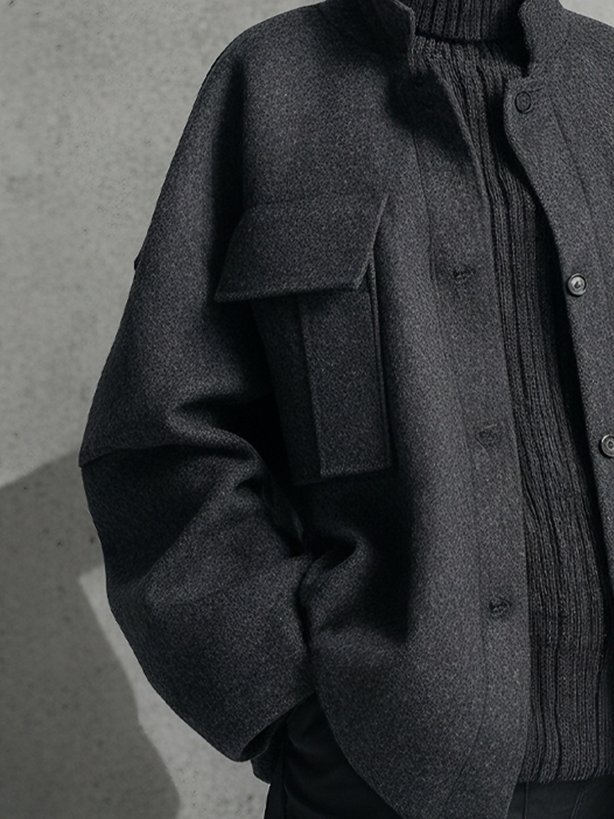 Women's Casual Wool Blend Charcoal Gray Stand-Collar Utility Pocket Oversized Jacket MDA1966L3AU