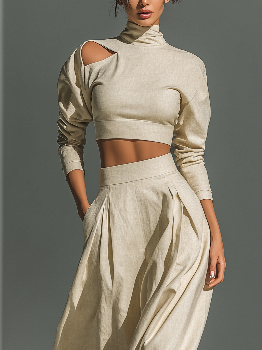 Women's Beige Linen Blend Fabric Turtleneck Cutout Puff-Sleeve Crop Top & Pleated Maxi Skirt Set MDA1189L0T