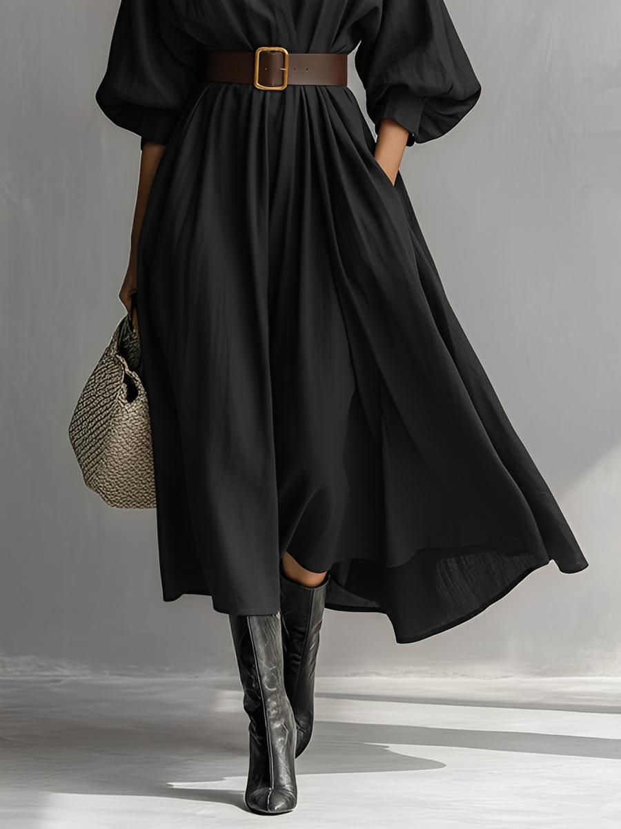 Women's Black Cotton Linen Slim-Fit V-Neck Lantern Sleeve Long Dress MDA2884K6T