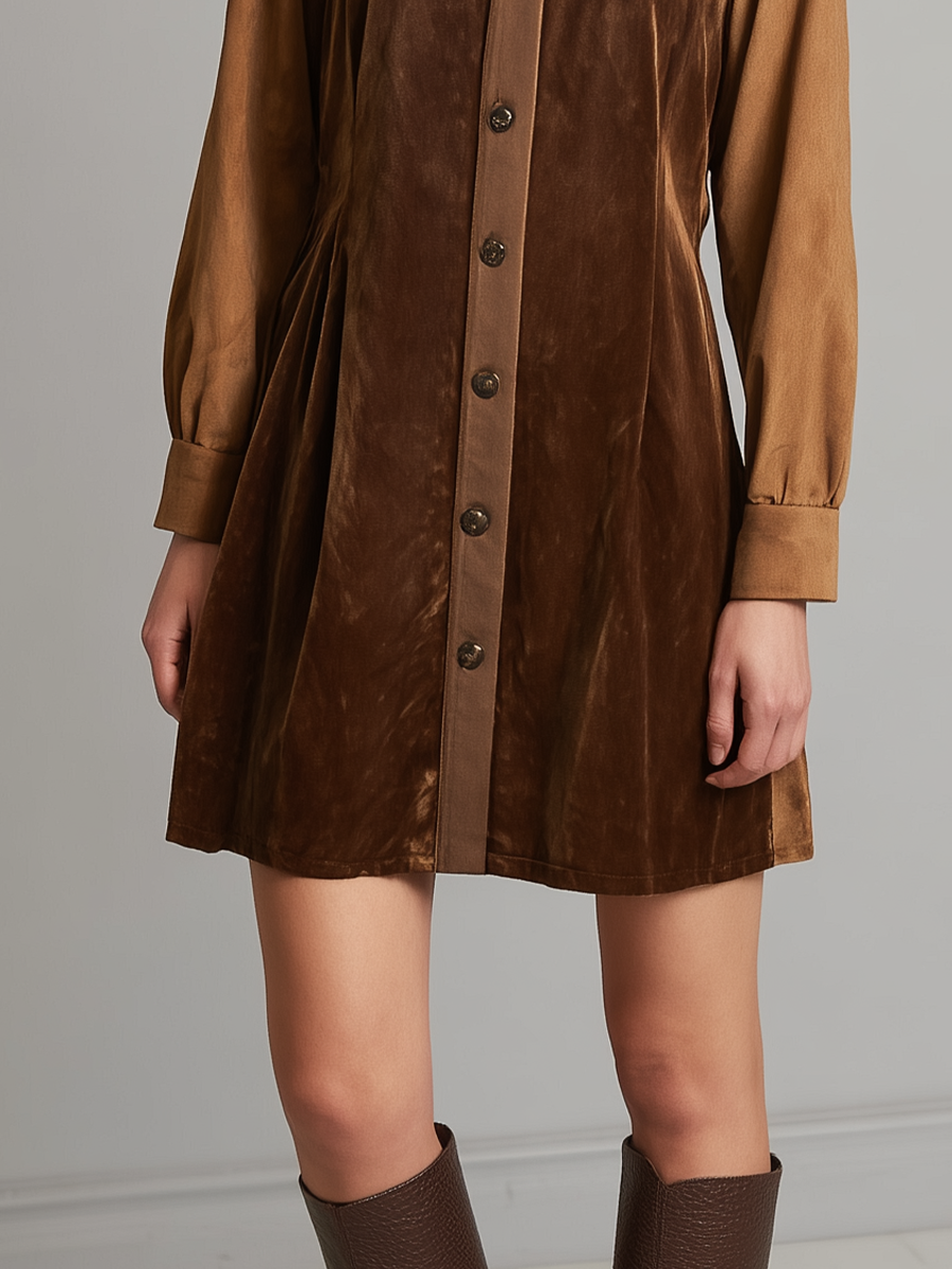 Women's Caramel Velvet Trim Brown Suede Collar Long-Sleeved Midi Dress MDA0893K8T