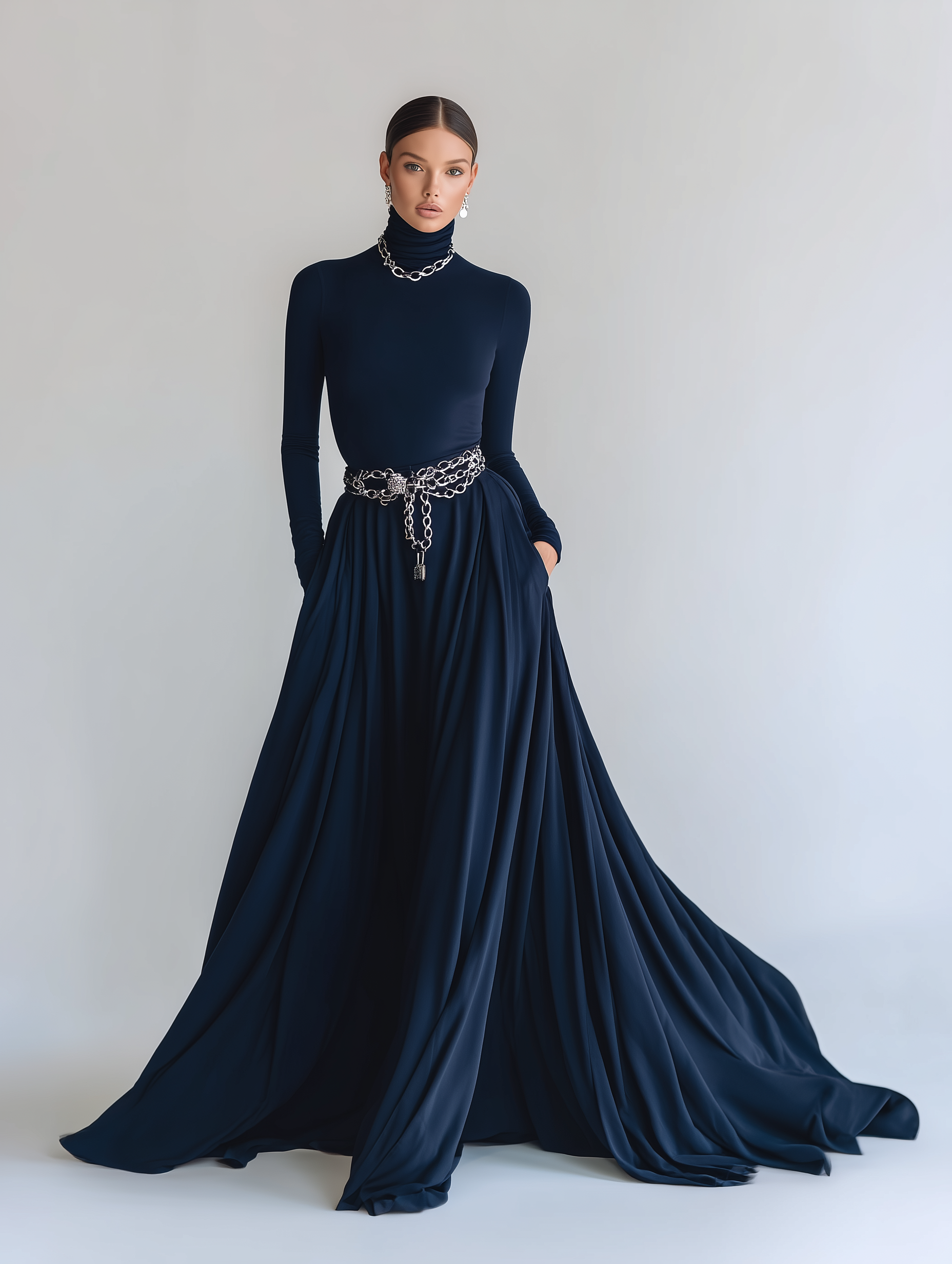 Women's Elegant Dark Blue High-neck Stretch Knit Slim-fit Long-sleeved Dress MDA1783L6AN