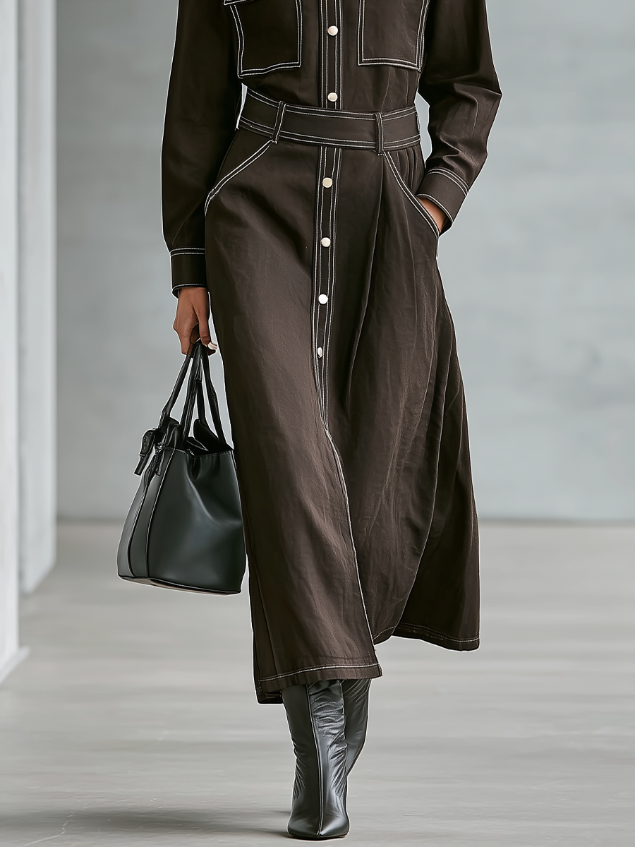 Women's Minimalist Silhouette Dark Brown Faux Suede Contrast Stitched Top And Skirt Set MDA2955J3T