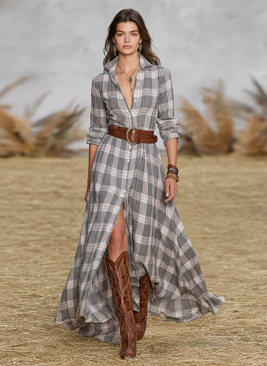 Women's Plaid Print Shirt Collar Maxi Dress (Belt Not Included) MDA2510J1Y